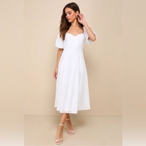 Lulu’s heavenly energy white textured puff sleeve midi dress